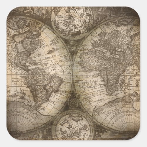 Antique Historical Old World Atlas Map Continents Square Sticker