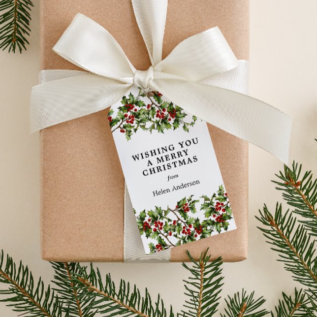 Antique Holly Christmas Holiday  Gift Tags (vintage holly graphic custom message Christmas gift tag)