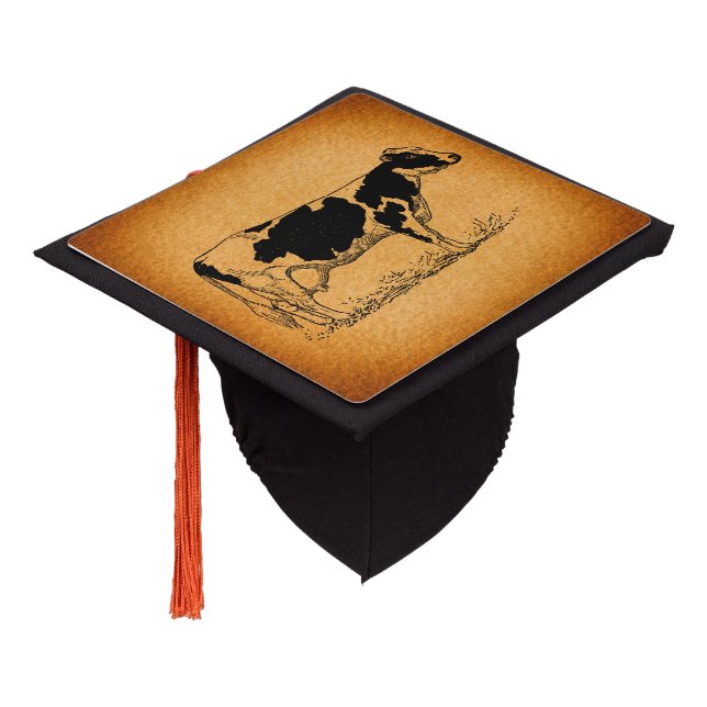 Antique Holstein Cow Farm Animal Illustration Graduation Cap Topper (Angled)
