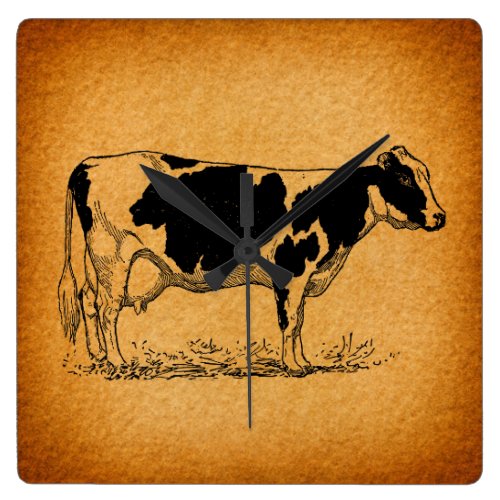 Antique Holstein Cow Farm Animal Illustration Square Wall Clock