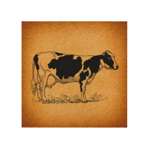 Antique Holstein Cow Farm Animal Illustration Wood Wall Art