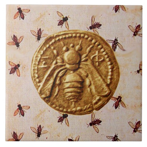 ANTIQUE HONEY BEE COIN AND FLYING BEES CERAMIC TILE