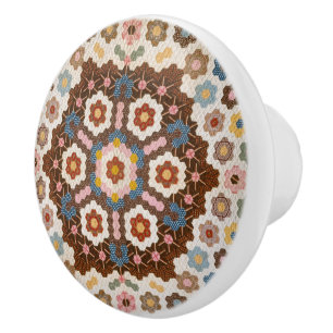 Antique Honeycomb Quilt Pattern - Folk Art Crafty Ceramic Knob