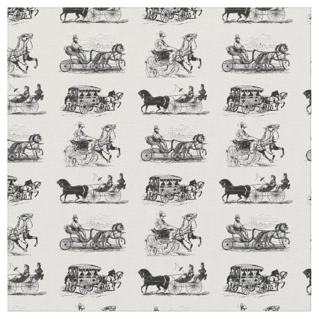 Antique Horse Drawn Carriages Pattern Vintage Art Fabric (Close Up)