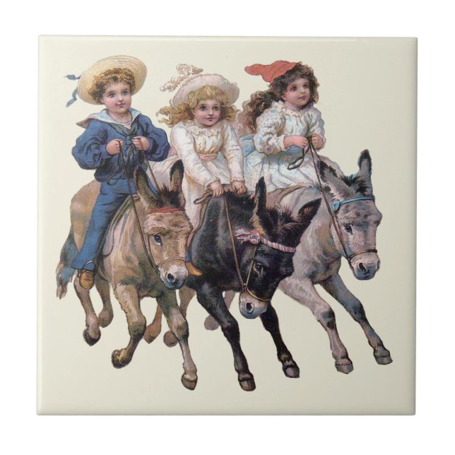 Antique horse pony children art ceramic tile (Front)
