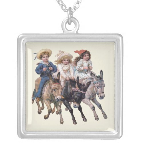 Antique horse pony children art silver plated necklace