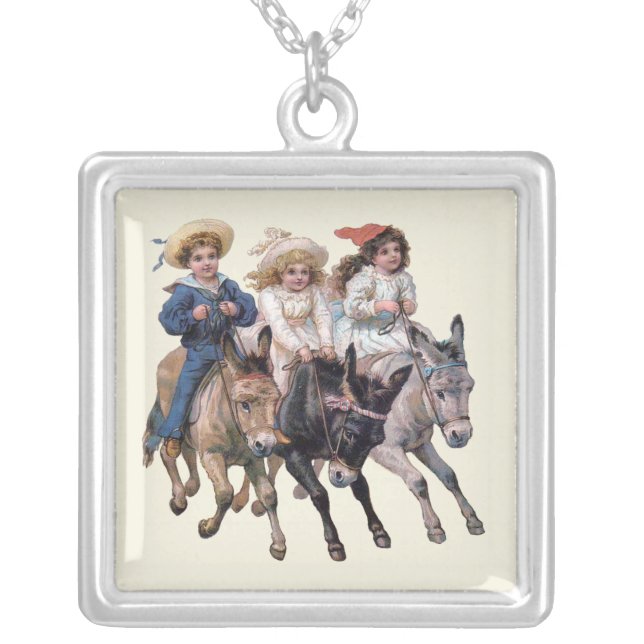 Antique horse pony children art silver plated necklace (Front)