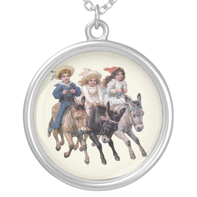 Antique horse pony children art silver plated necklace (Front)