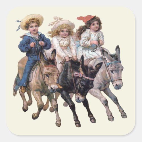 Antique horse pony children art square sticker