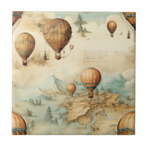 Antique Hot Air Balloon Sepia Map Landscape Ceramic Tile