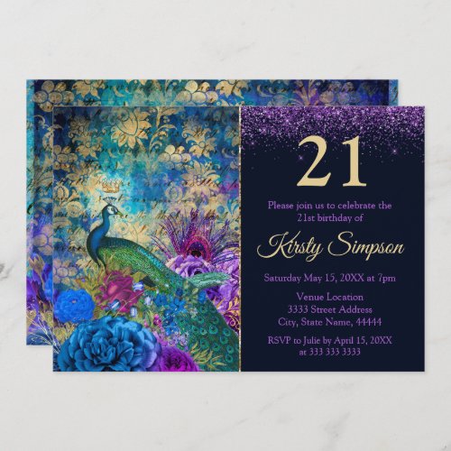 Antique Illustrated Peacock  Flowers Birthday Invitation