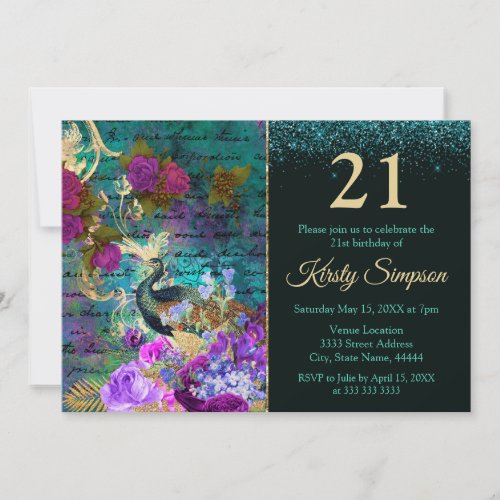 Antique Illustrated Peacock  Flowers Birthday Invitation