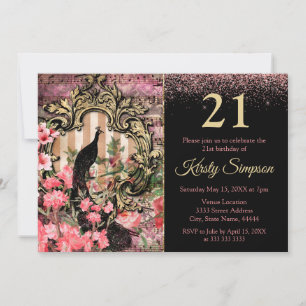 Antique Illustrated Peacock & Flowers Birthday Invitation