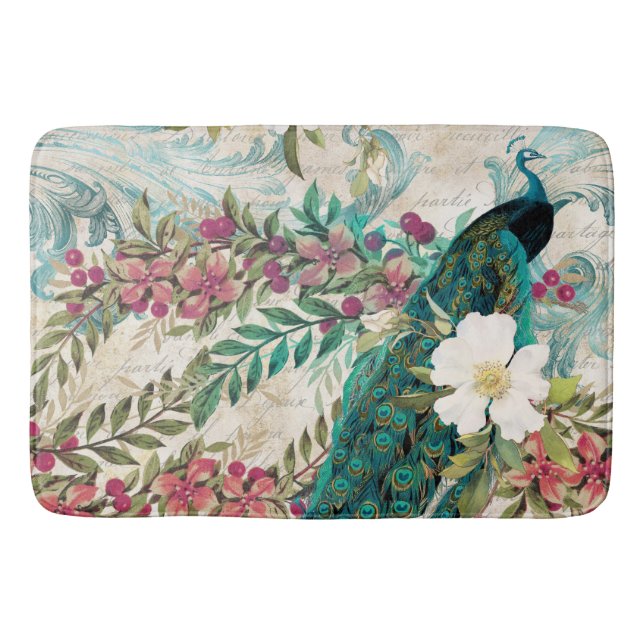 Antique Illustrated Peacock & Flowers Grunge Bath Mat (Front)