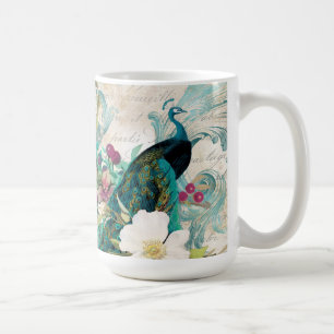 Antique Illustrated Peacock & Flowers Grunge Coffee Mug