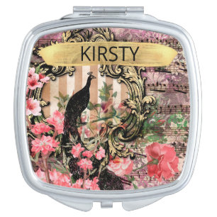 Antique Illustrated Peacock & Flowers Grunge Compact Mirror