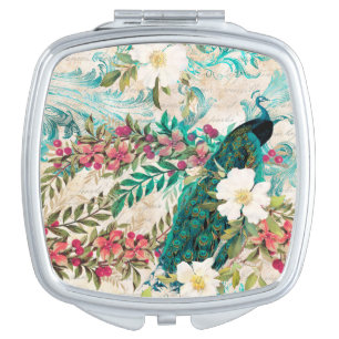 Antique Illustrated Peacock & Flowers Grunge Compact Mirror
