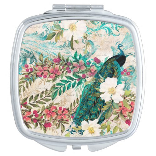 Antique Illustrated Peacock  Flowers Grunge Compact Mirror