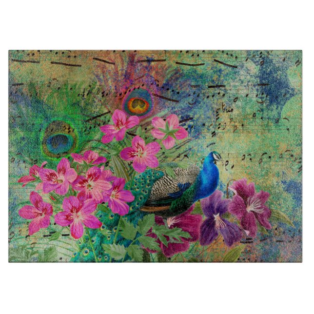 Antique Illustrated Peacock & Flowers Grunge Cutting Board (Front)
