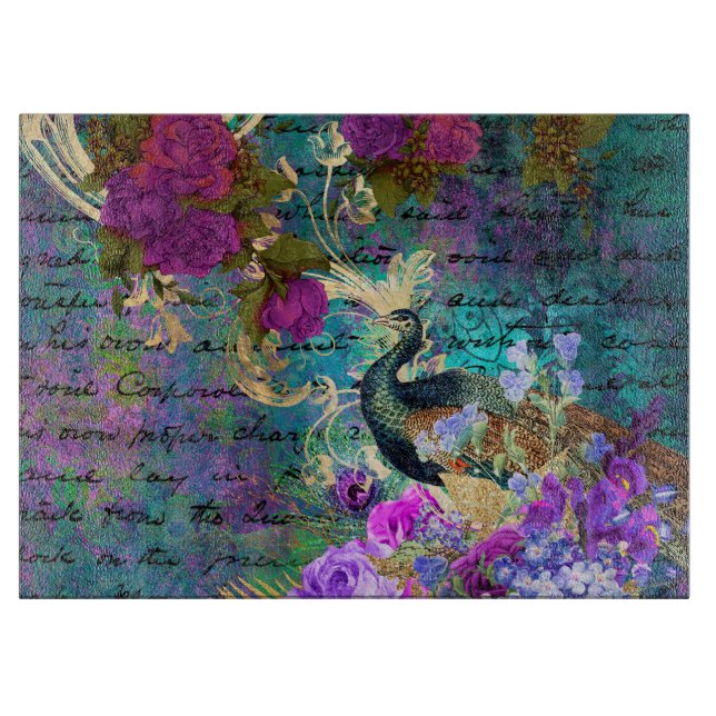 Antique Illustrated Peacock & Flowers Grunge Cutting Board (Front)
