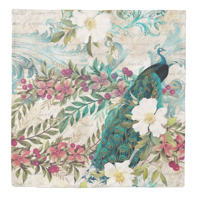Antique Illustrated Peacock & Flowers Grunge Duvet Cover (Front)