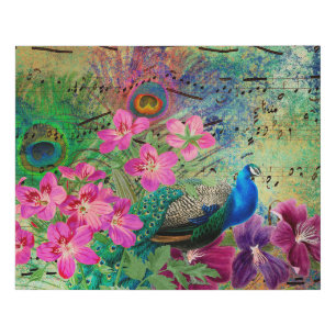 Antique Illustrated Peacock & Flowers Grunge Faux Canvas Print