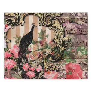 Antique Illustrated Peacock & Flowers Grunge Faux Canvas Print