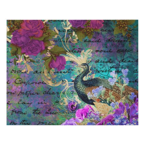 Antique Illustrated Peacock  Flowers Grunge Faux Canvas Print