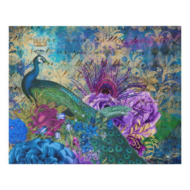 Antique Illustrated Peacock & Flowers Grunge Faux Canvas Print (Front)