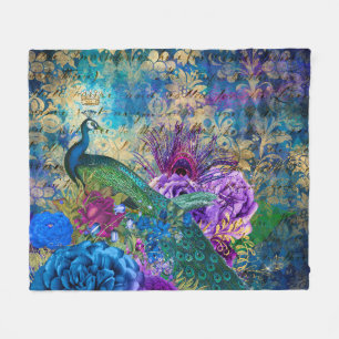 Antique Illustrated Peacock & Flowers Grunge Fleece Blanket
