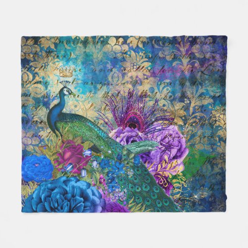 Antique Illustrated Peacock  Flowers Grunge Fleece Blanket