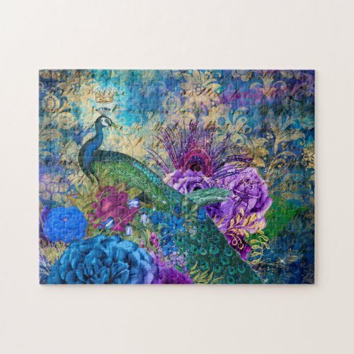 Antique Illustrated Peacock  Flowers Grunge Jigsaw Puzzle