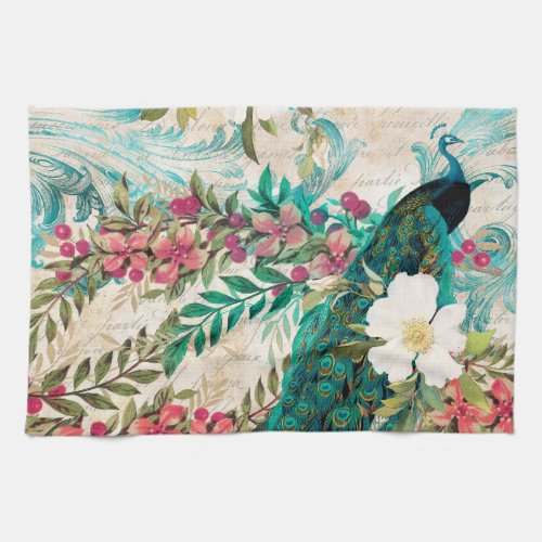 Antique Illustrated Peacock  Flowers Grunge Kitchen Towel