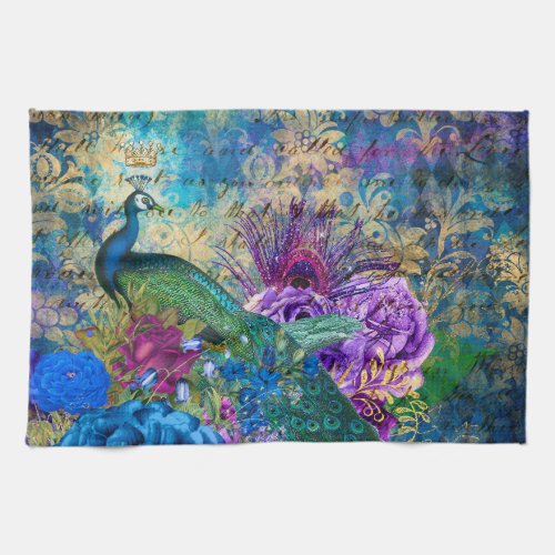 Antique Illustrated Peacock  Flowers Grunge Kitchen Towel