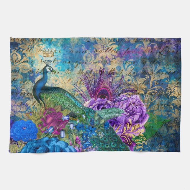 Antique Illustrated Peacock & Flowers Grunge Kitchen Towel (Horizontal)