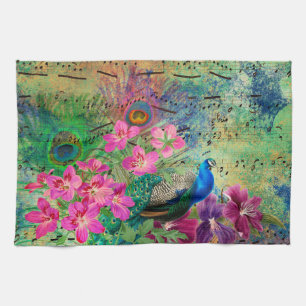 Antique Illustrated Peacock & Flowers Grunge Kitchen Towel