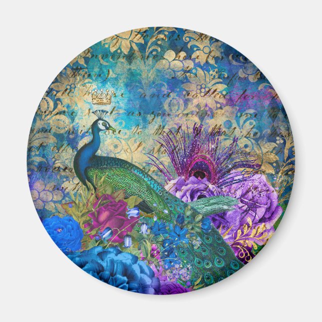 Antique Illustrated Peacock & Flowers Grunge  Magnet (Front)
