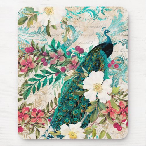 Antique Illustrated Peacock  Flowers Grunge Mouse Pad