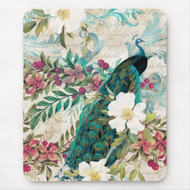 Antique Illustrated Peacock & Flowers Grunge Mouse Pad (Front)