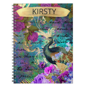 Antique Illustrated Peacock & Flowers Grunge Notebook
