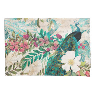 Antique Illustrated Peacock & Flowers Grunge Pillow Case