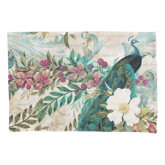 Antique Illustrated Peacock & Flowers Grunge Pillow Case (Front)