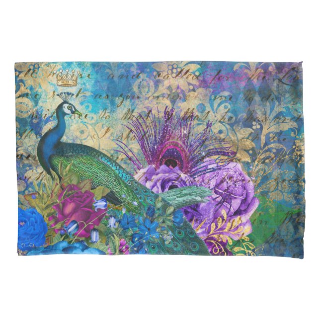 Antique Illustrated Peacock & Flowers Grunge Pillow Case (Front)