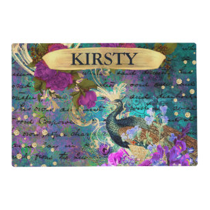 Antique Illustrated Peacock & Flowers Grunge Placemat