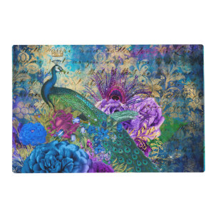 Antique Illustrated Peacock & Flowers Grunge Placemat