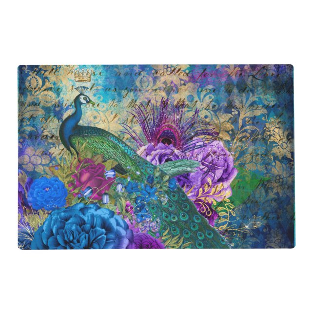 Antique Illustrated Peacock & Flowers Grunge Placemat (Front)