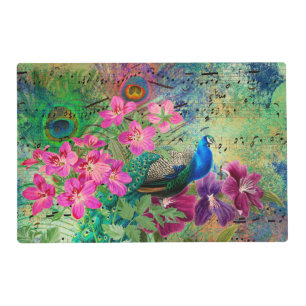 Antique Illustrated Peacock & Flowers Grunge Placemat