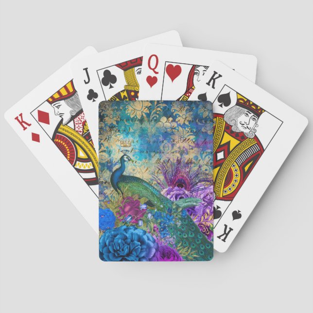 Antique Illustrated Peacock & Flowers Grunge Poker Cards (Back)
