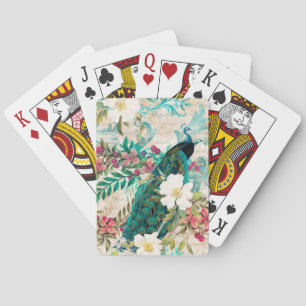 Antique Illustrated Peacock & Flowers Grunge Poker Cards