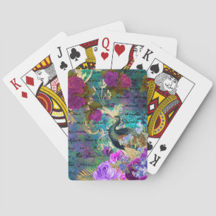 Antique Illustrated Peacock & Flowers Grunge Poker Cards